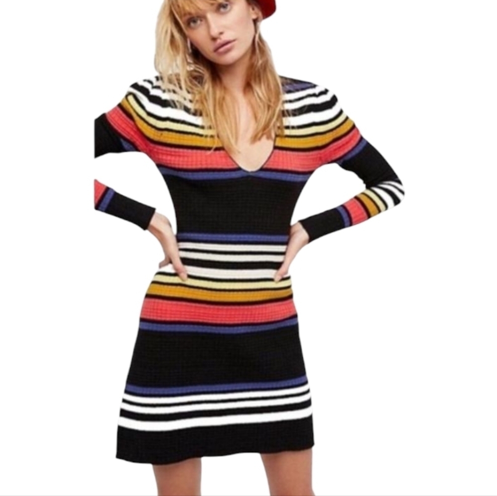 Free People Gidget Mini Sweater Dress Long Sleeve Fall Striped Size Large